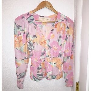 JEN’S PIRATE BOOTY Floral Deep V Neck Pink Peplum Blouse blouson sleeves SZ: XS